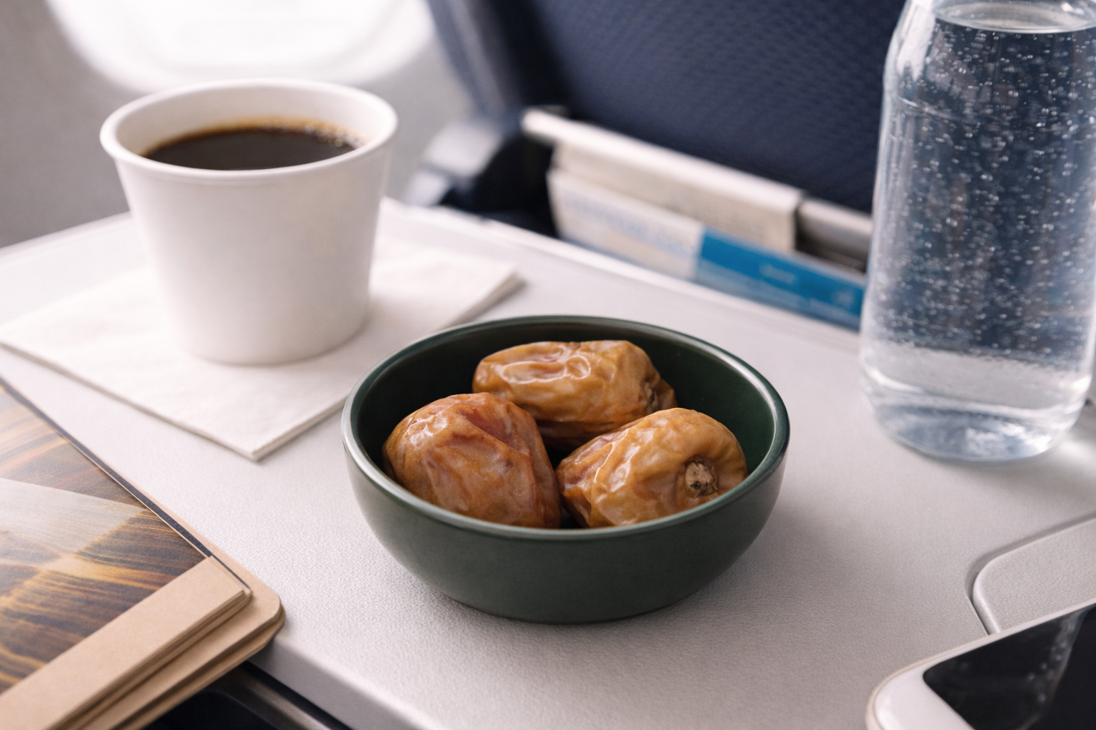 Healthy travel snacks including Medjool dates, nuts, and fruit packed for steady energy during flights