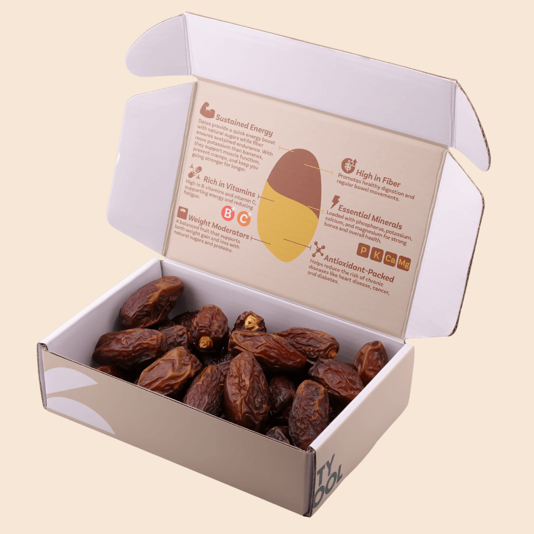 Open 454 g Mighty Mejdool Medjool dates box showing plump premium dates and printed nutrition benefits inside the lid.