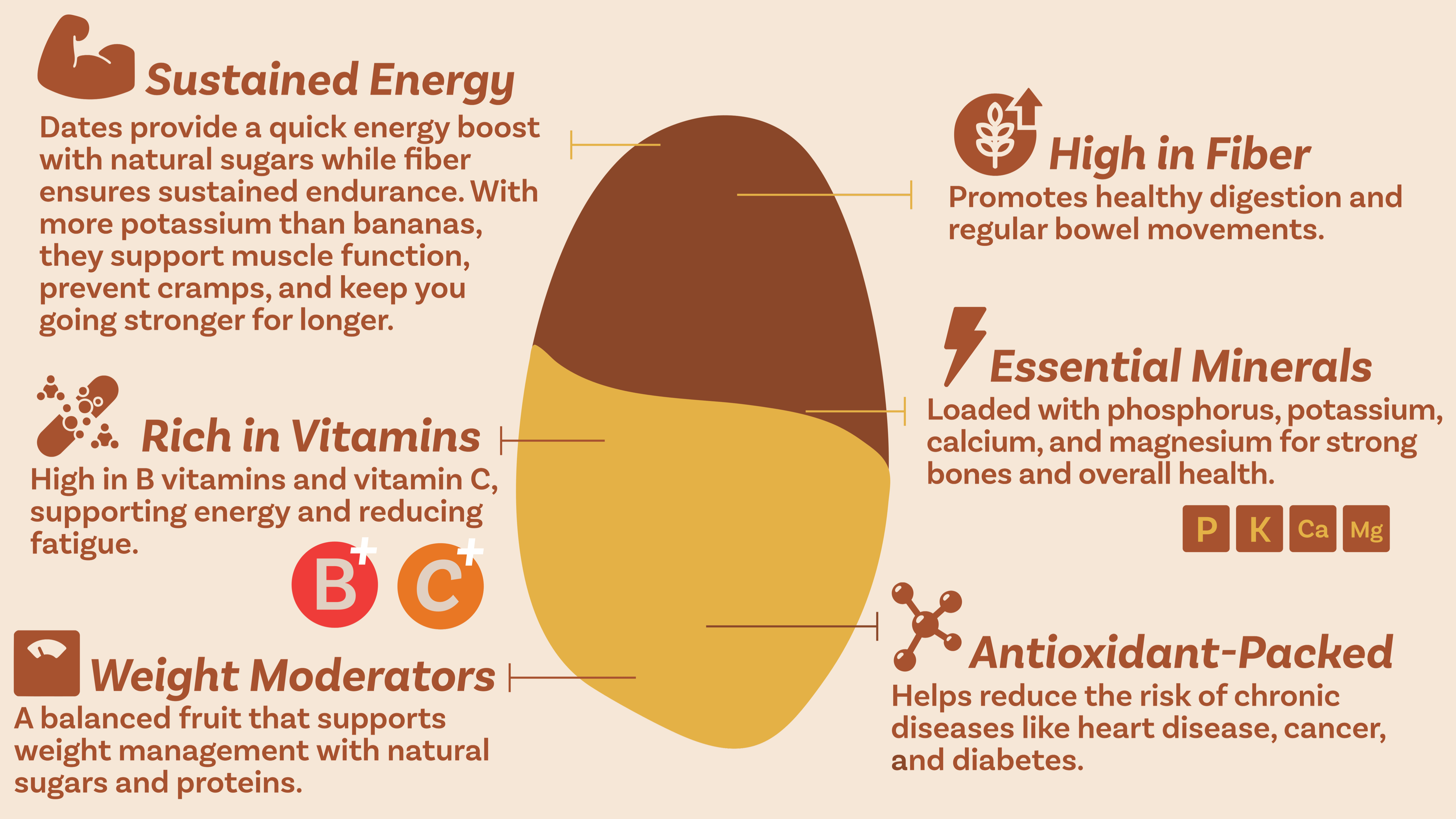 Infographic illustrating the health benefits of dates, including sustained energy, high fiber, rich vitamins, essential minerals, and antioxidants for overall wellness