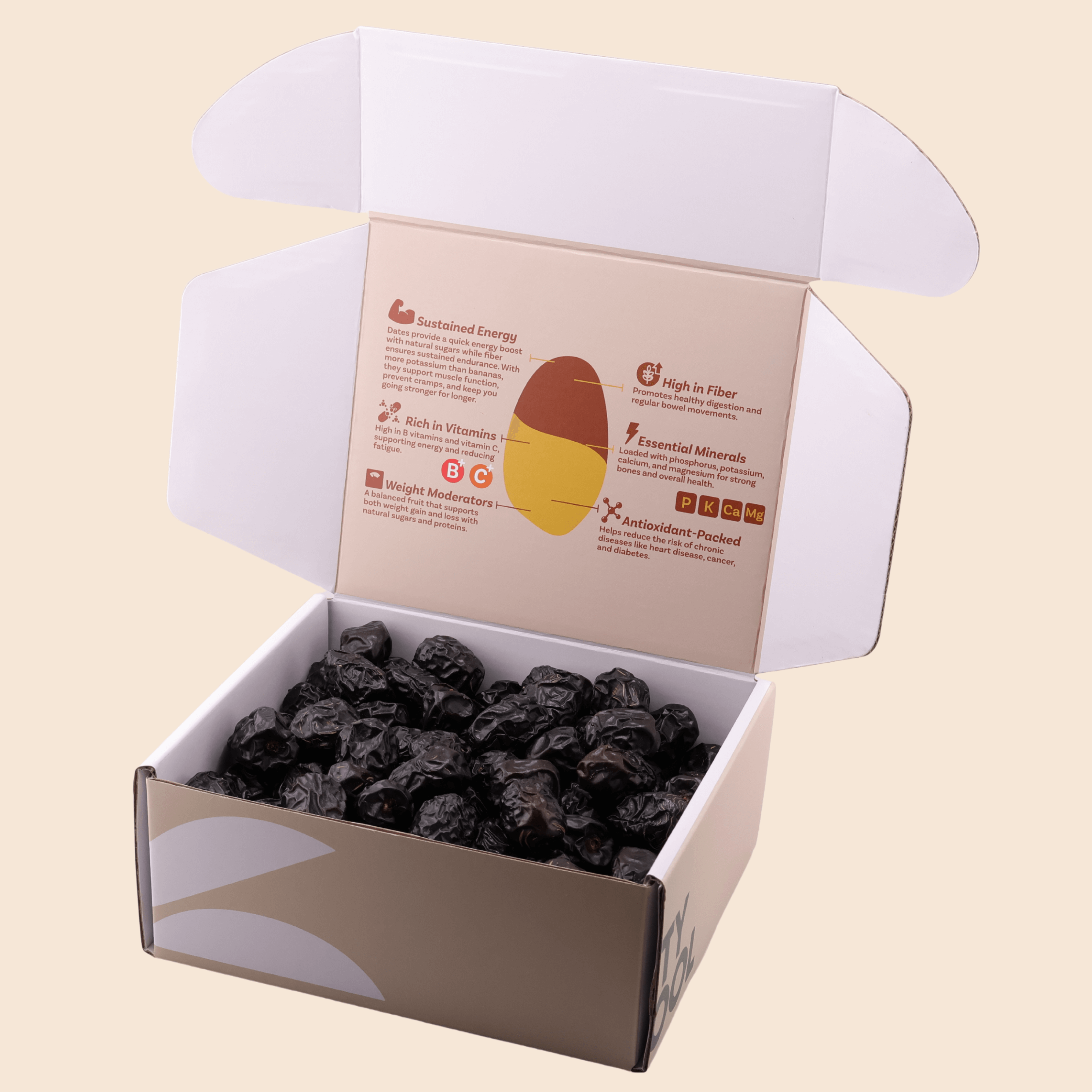 Open 1 kg Mighty Mejdool Ajwa dates box showing dark, soft premium dates and printed nutrition benefits inside the lid.