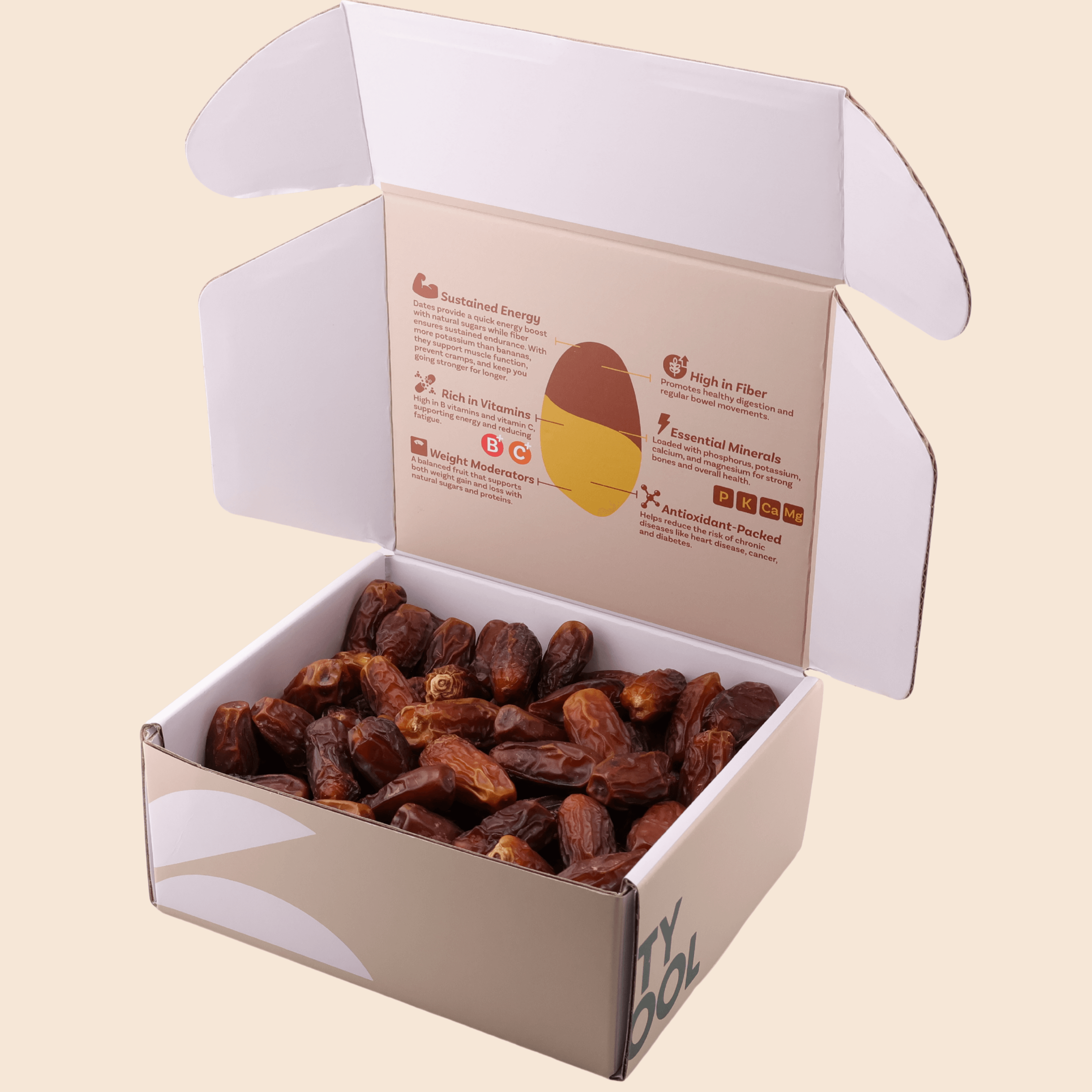 Open 1 kg Mighty Mejdool Mabroom dates box showing premium dates and printed nutrition benefits inside the lid.