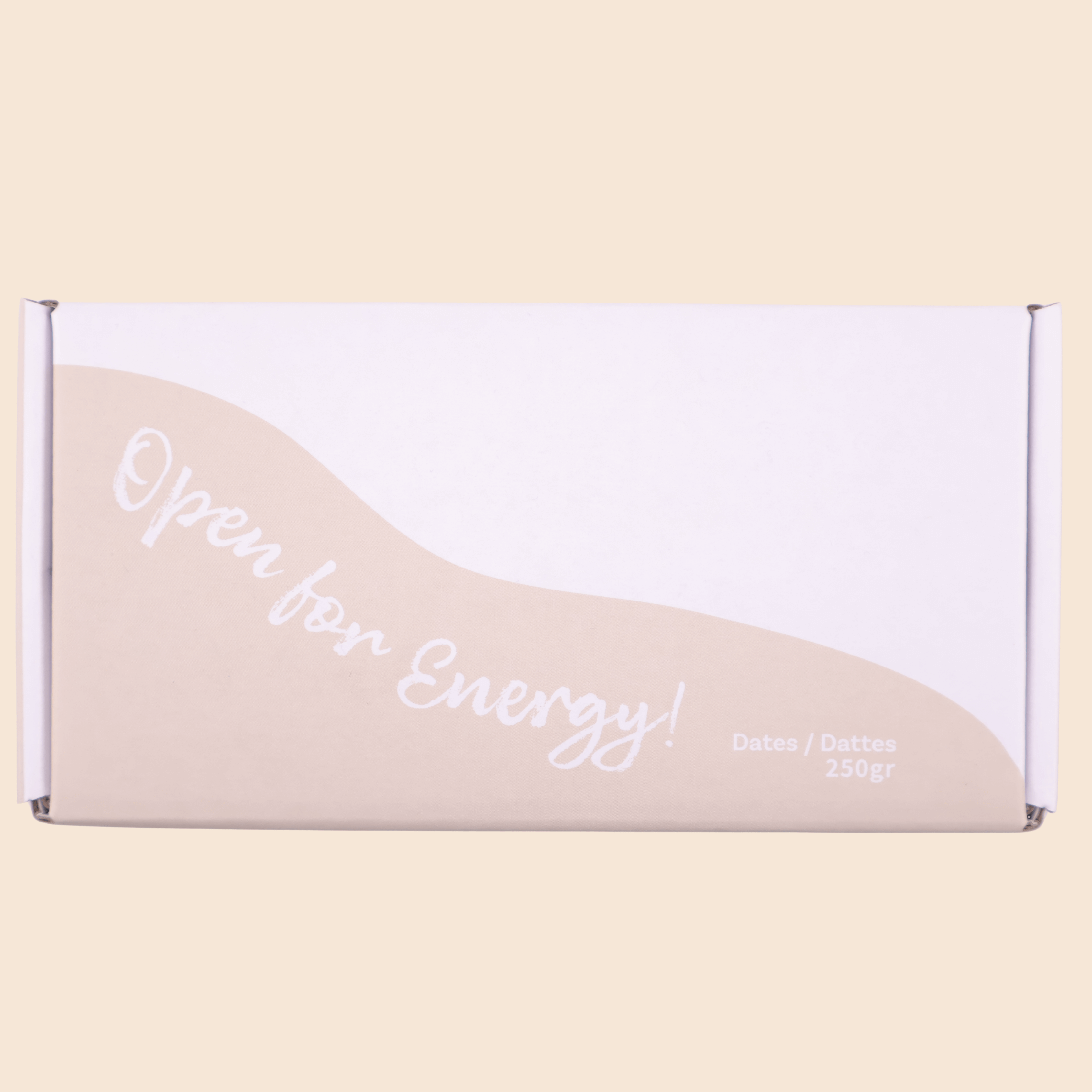 Front view of Mighty Mejdool 250g premium dates box with ‘Open for Energy!’ tagline on beige packaging.