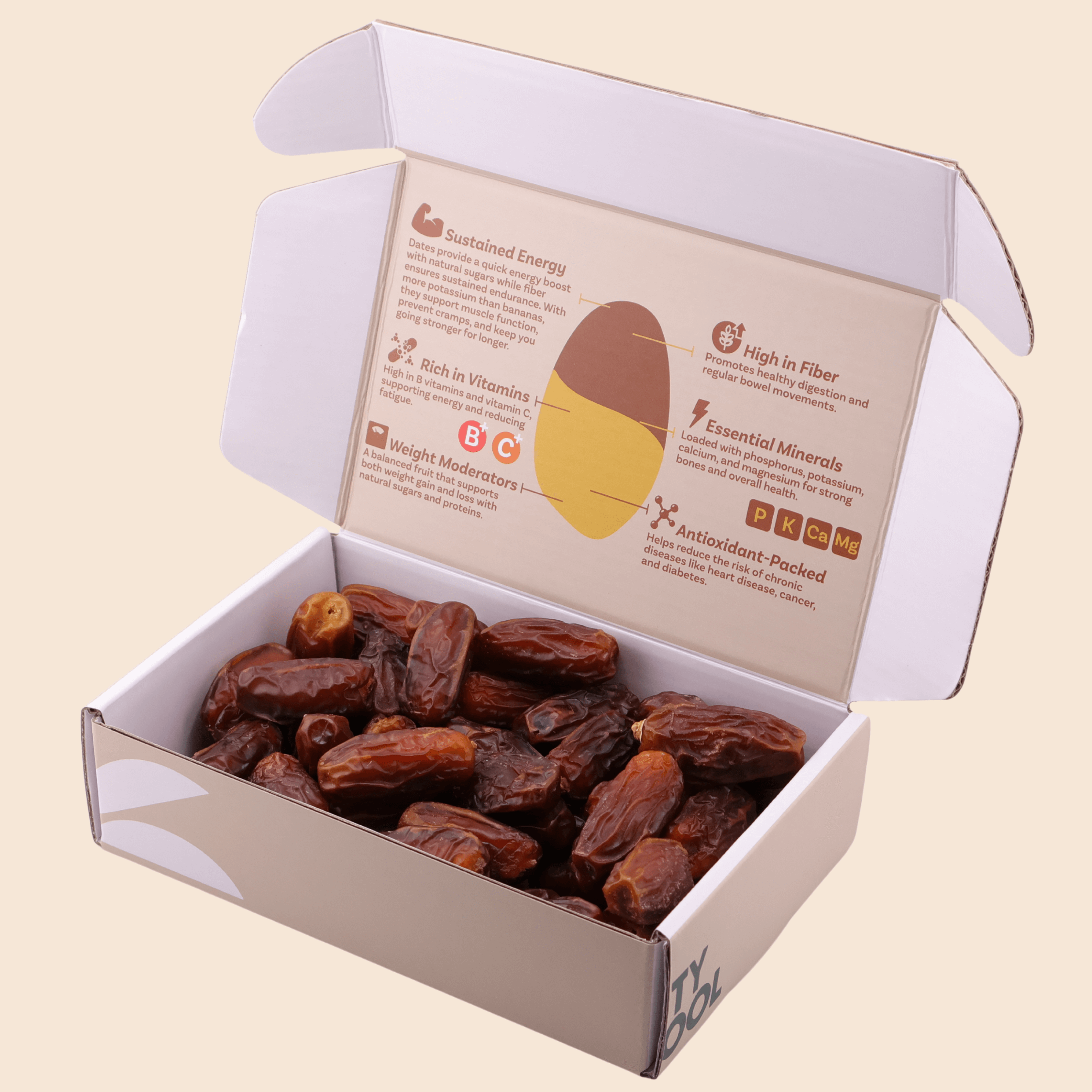 Open 454 g Mighty Mejdool dates box showing premium quality dates and printed nutrition benefits inside the lid.