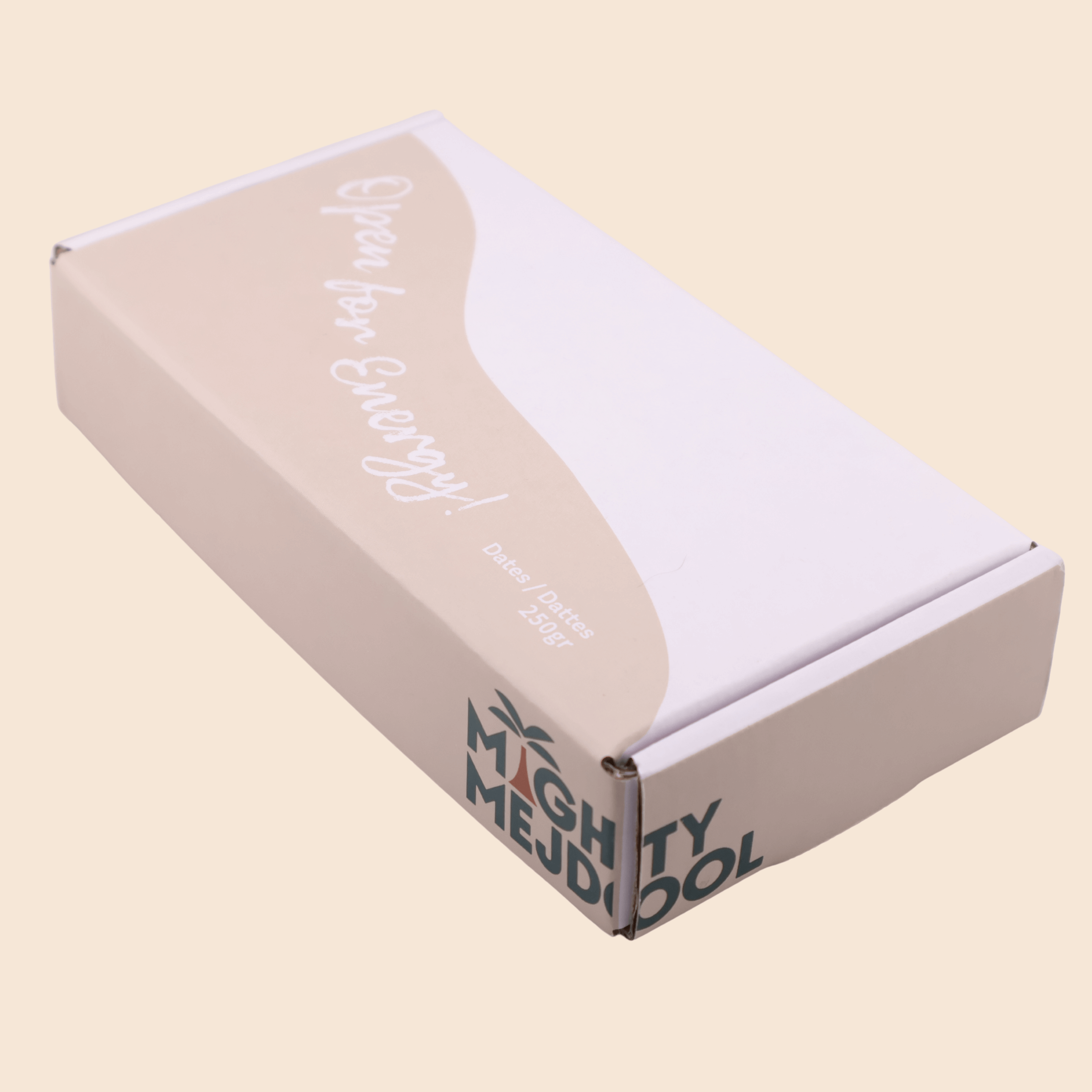 Mighty Mejdool premium dates box packaging with ‘Open for Energy!’ tagline printed on the lid.