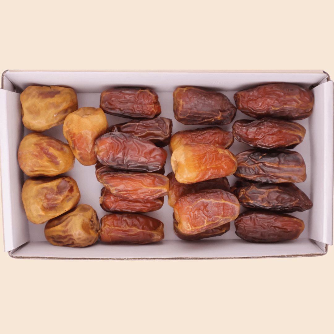 The Mighty Mejdool Starter Pack features four distinct premium date varieties: Sukkari, Mabroom, Medjool, and Sagai. Each is known for its unique texture and natural sweetness.