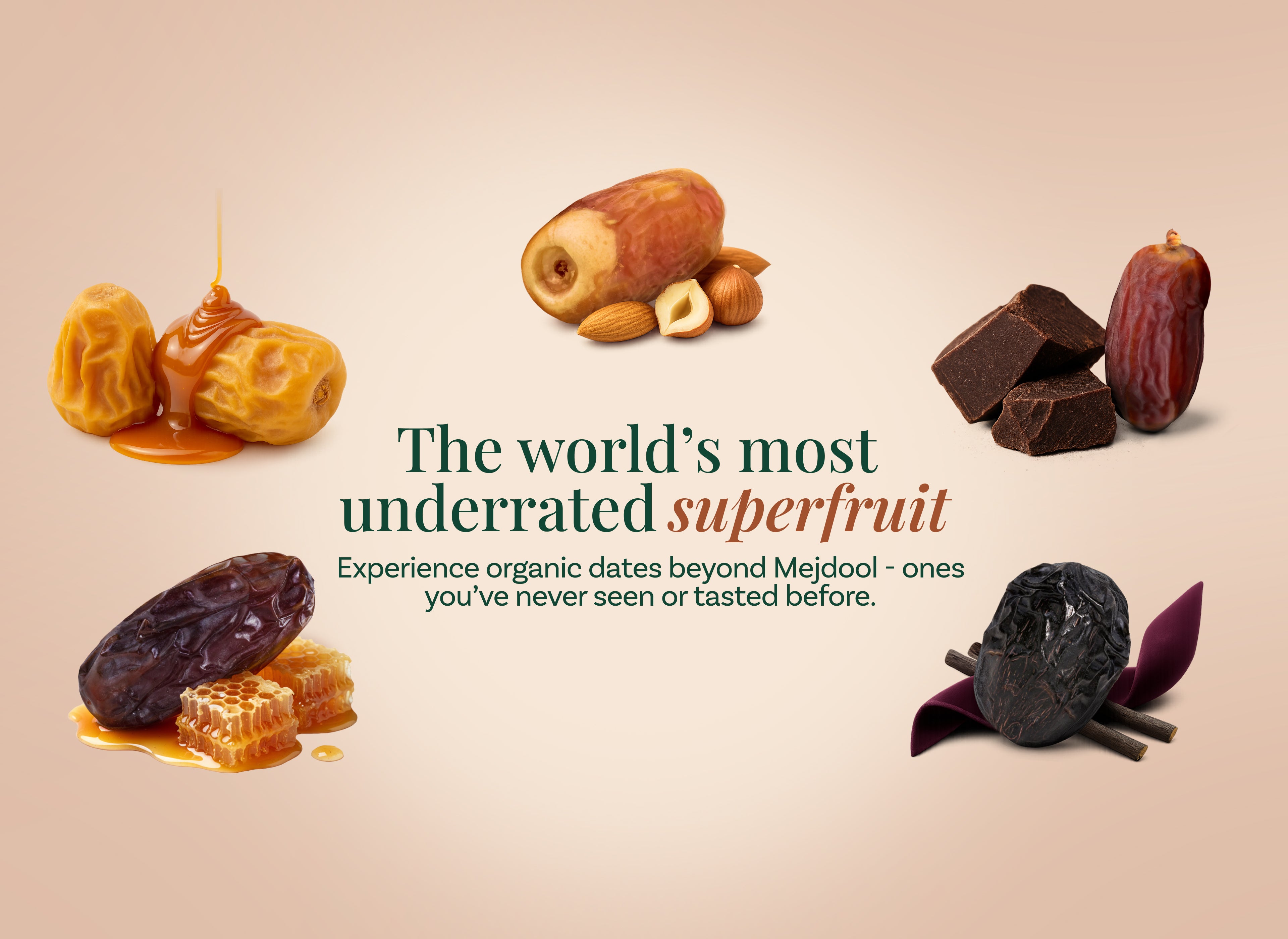 Hero banner showing Sukkari, Medjool, Safawi, and Ajwa organic dates with caramel, nuts, chocolate, honeycomb, and spices.