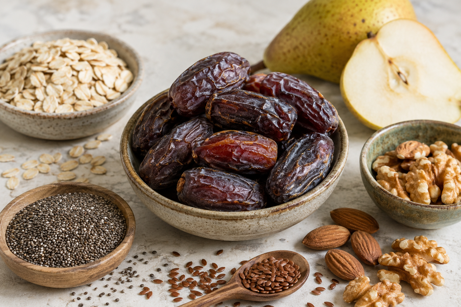 Medjool dates surrounded by fibre-rich oats, chia seeds, flax seeds, nuts and pear on a natural stone surface