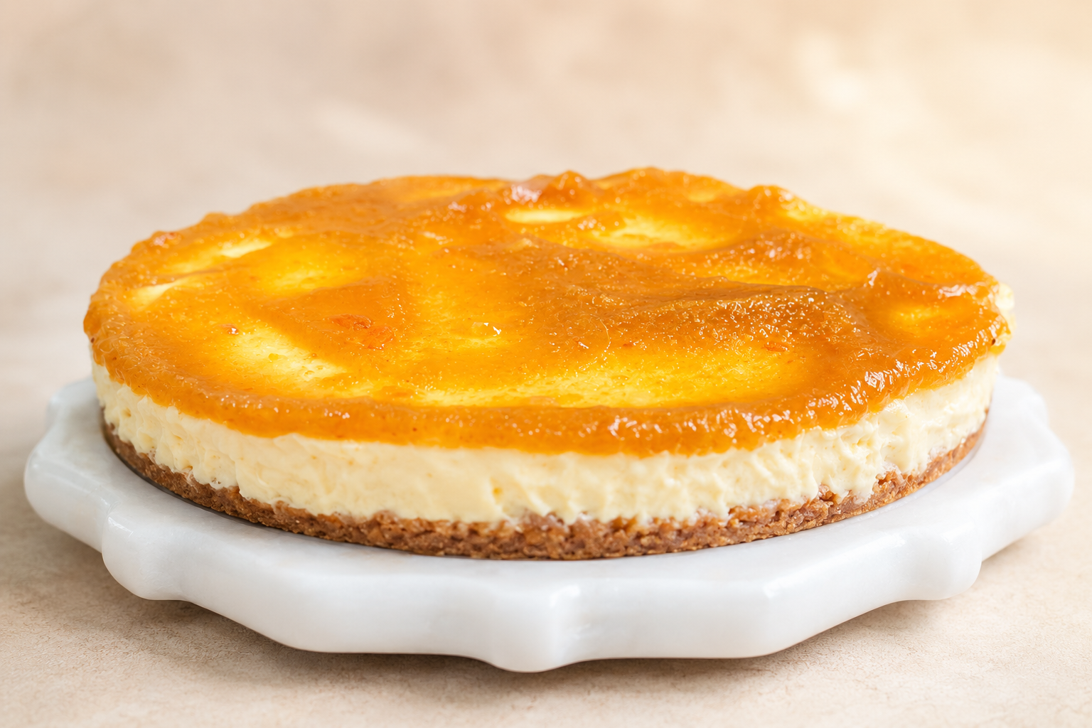 Healthy cheesecake topped with glossy golden Sukkari date spread on a white cake stand.
