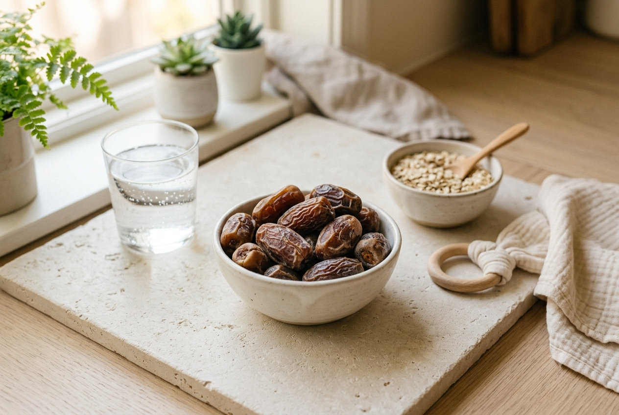 Postpartum nourishment scene featuring a ceramic bowl of Medjool dates, oats, water, and baby teether on a pale wood table.