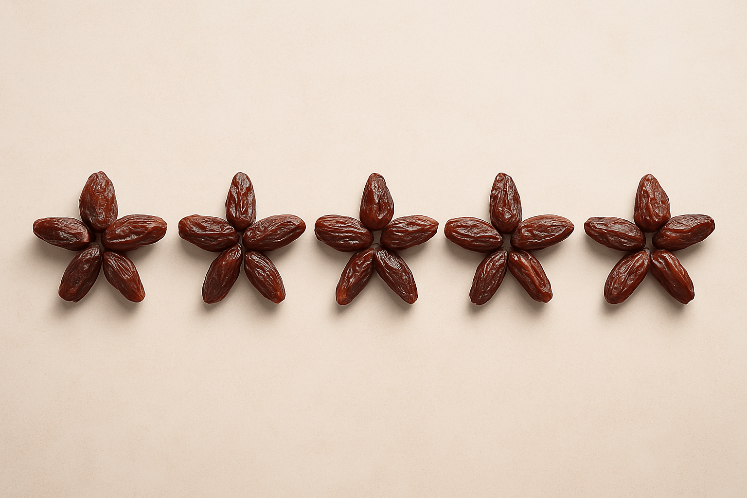 Mighty Mejdool Reviews Roundup image showing five golden-brown dates arranged as stars to represent five-star customer feedback