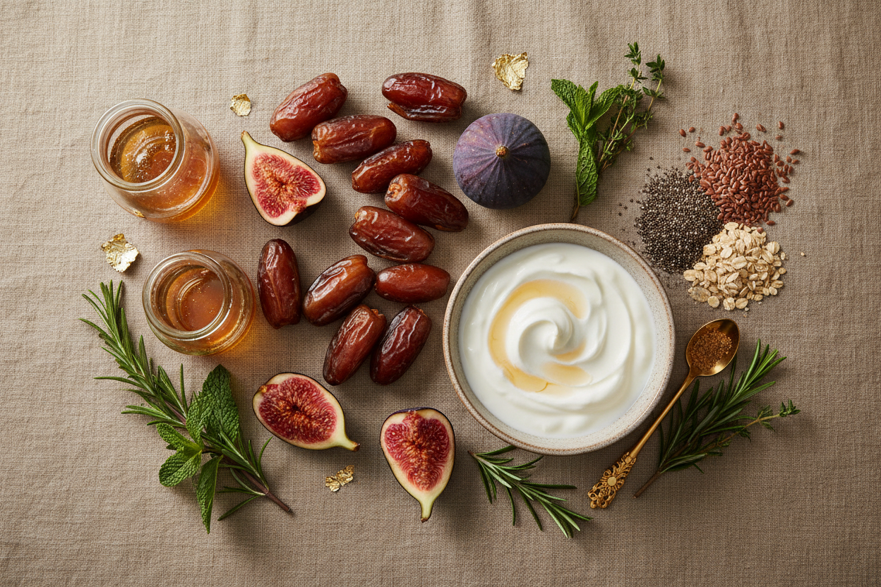 Medjool dates, yogurt, figs, chia seeds, oats, and fresh herbs arranged as gut-health-supporting foods