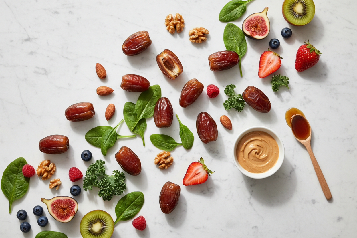Medjool dates surrounded by plant-based foods including berries, nuts, spinach, and almond butter