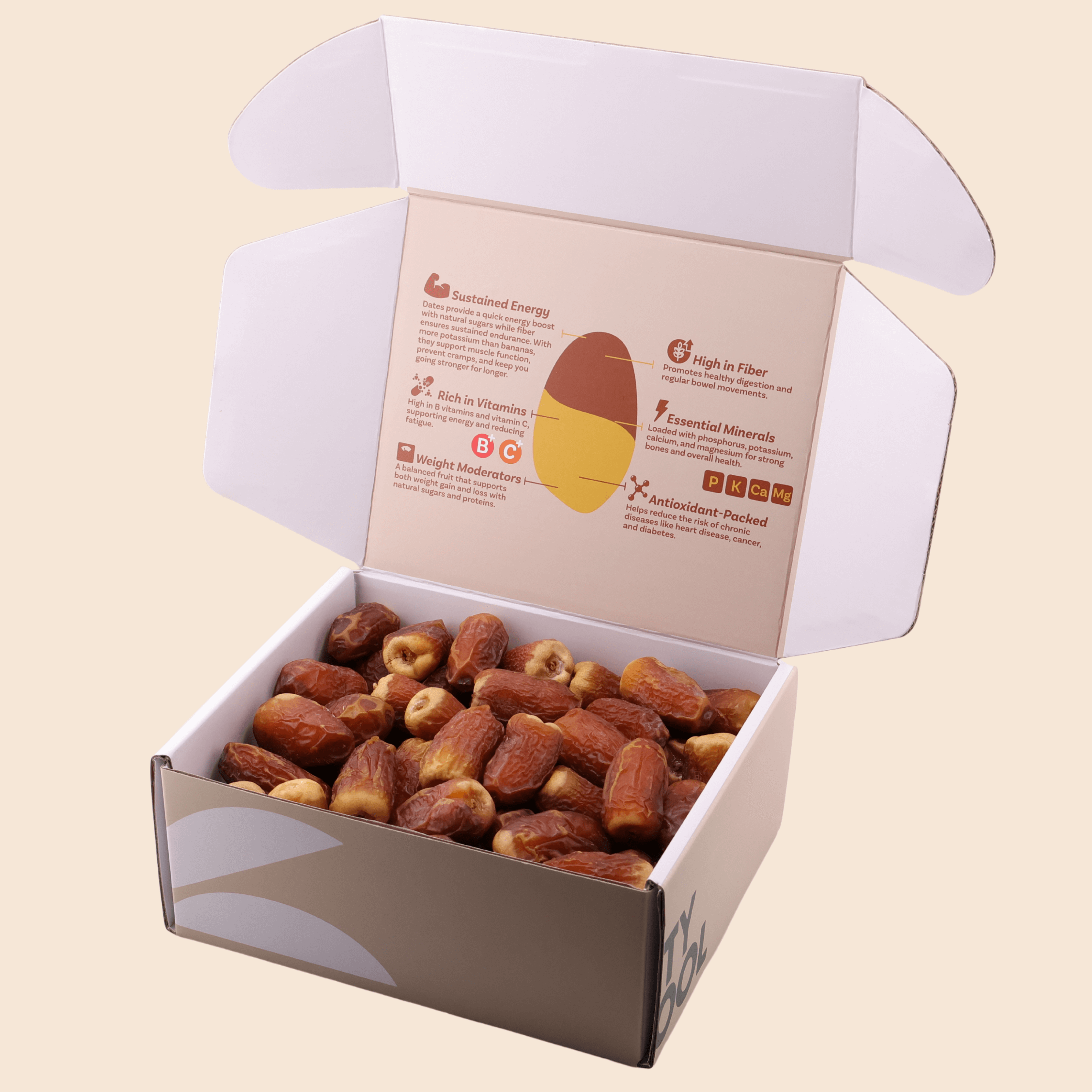 Open 1 kg Mighty Mejdool Sagai dates box showing golden-brown premium dates and printed nutrition benefits inside the lid.