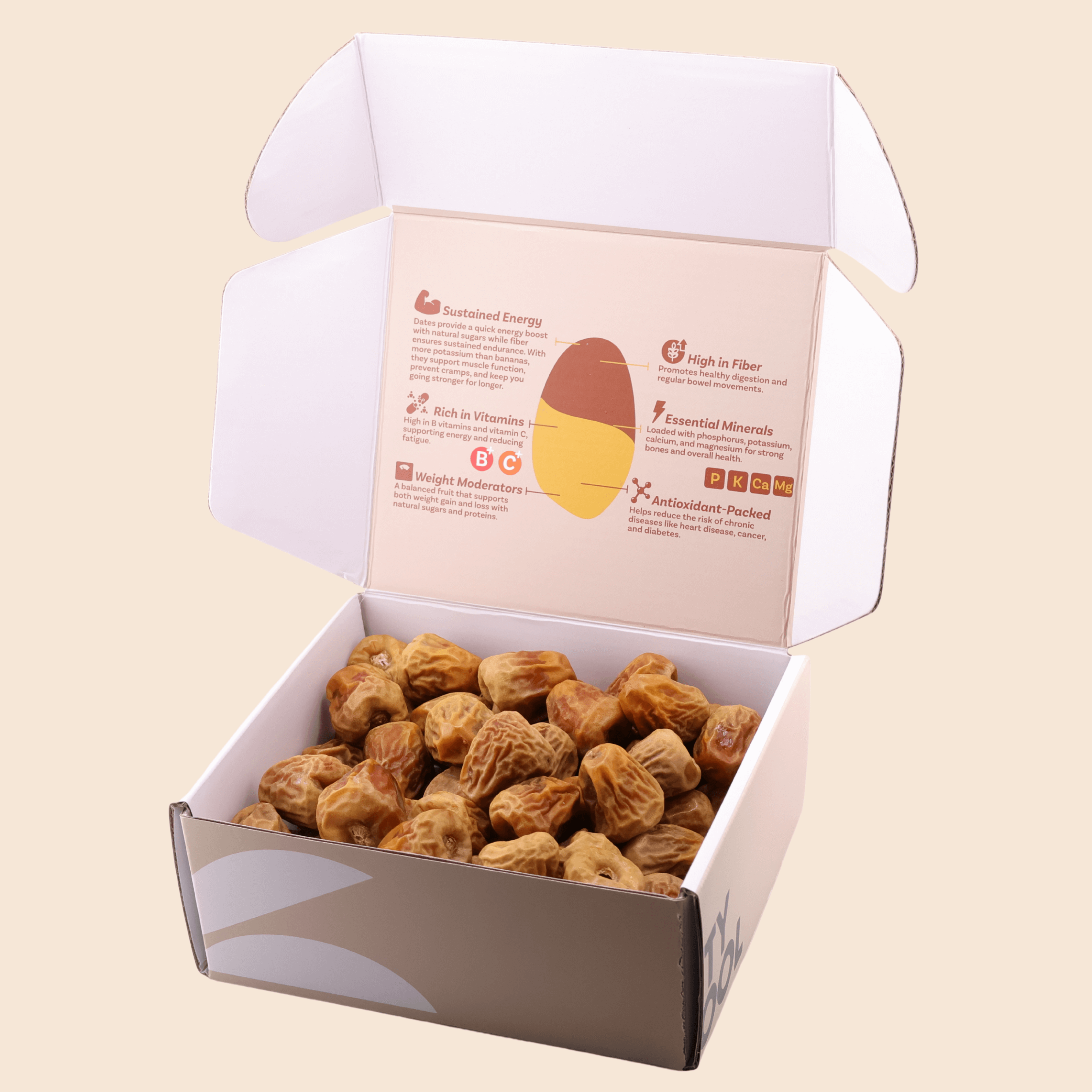 Open 1 kg Mighty Mejdool Sukkari dates box showing golden soft dates and printed nutrition benefits inside the lid.