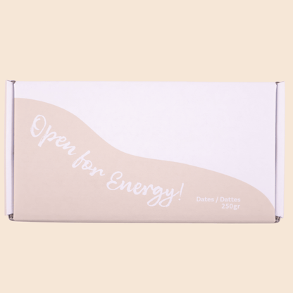 Front view of Mighty Mejdool 250g premium dates box with ‘Open for Energy!’ tagline on beige packaging.