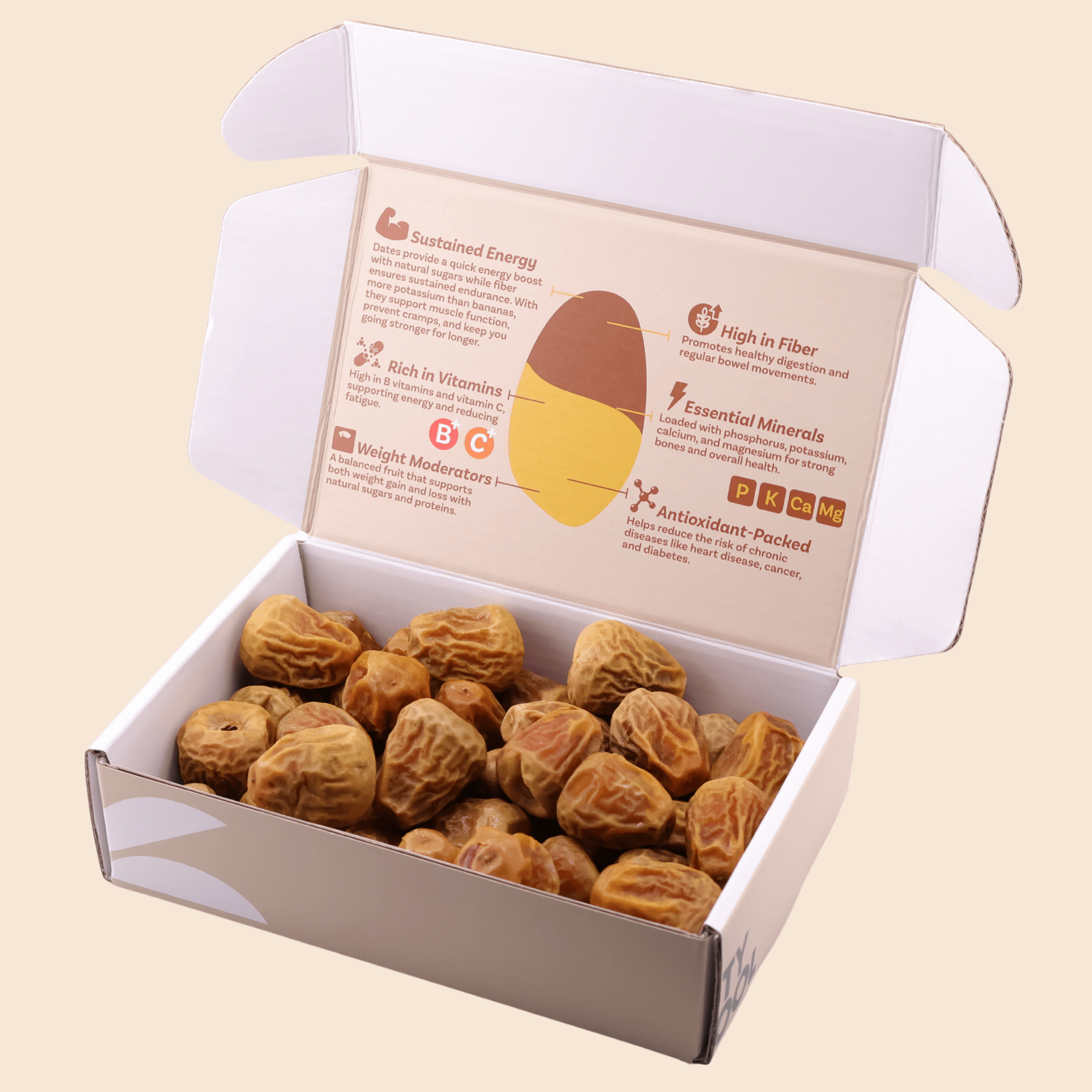 Open 454 g Mighty Mejdool Sukkari dates box showing golden crisp dates and printed nutrition benefits inside the lid.