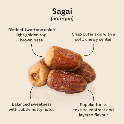 Sagai dates from Mighty Mejdool, showing their golden-brown two-tone colour, chewy texture, and nutty flavour