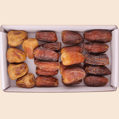The Mighty Mejdool Starter Pack features four distinct premium date varieties: Sukkari, Mabroom, Medjool, and Sagai. Each is known for its unique texture and natural sweetness.