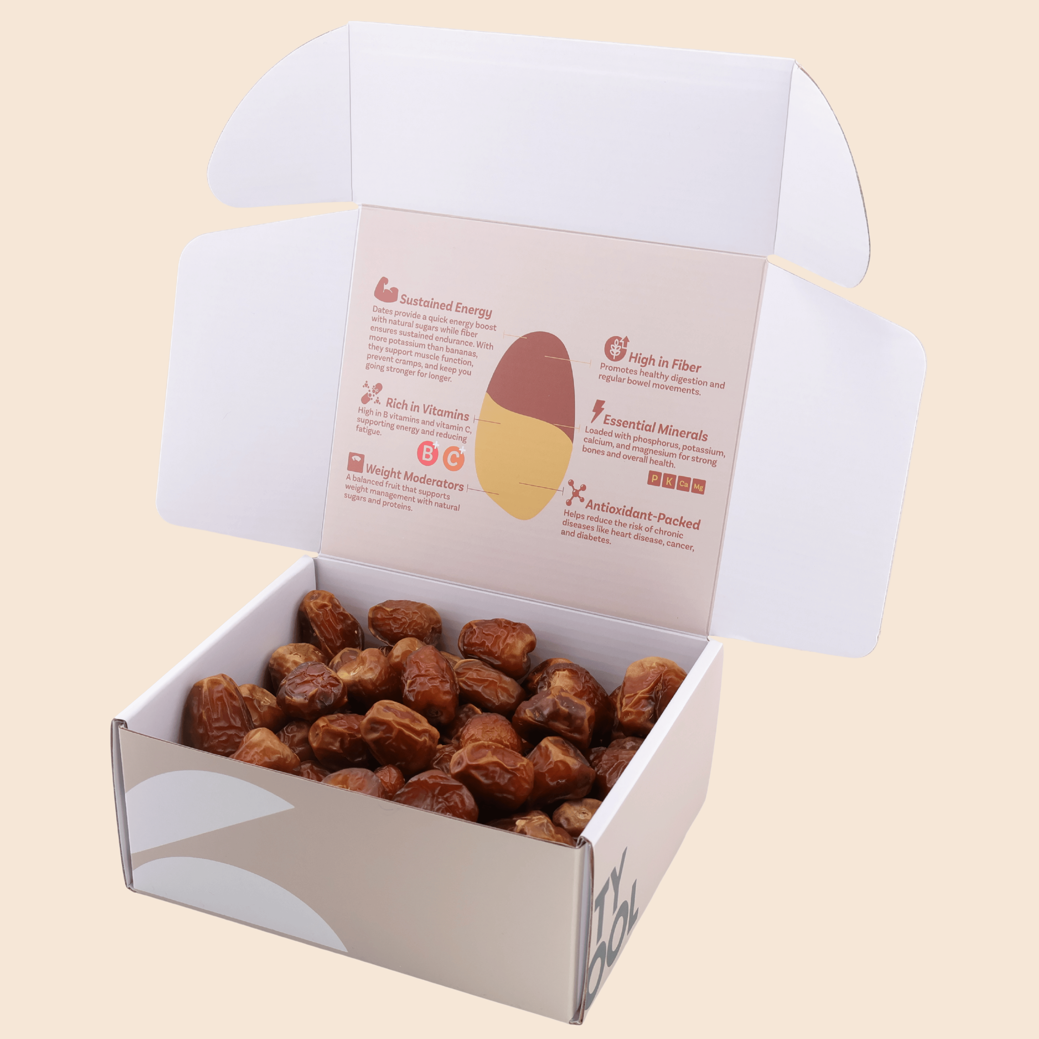 Open 1 kg box of Mighty Mejdool Sukkari Galaxy dates showing soft, caramel-coloured dates inside premium packaging