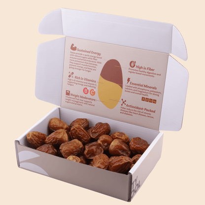 Open 454 g box of Mighty Mejdool Sukkari Galaxy dates showing soft, caramel-coloured dates inside premium packaging